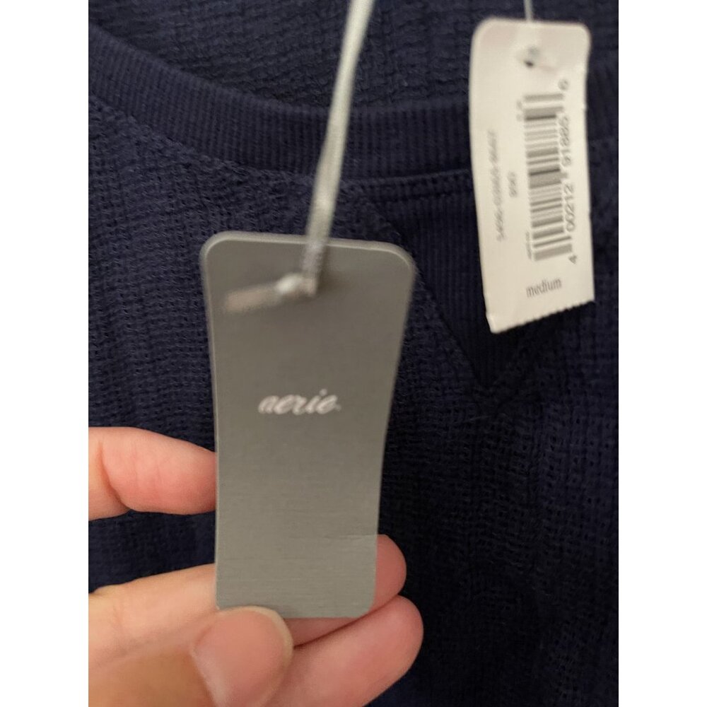 Aerie Women's Top Navy Blue Waffle Knit Short Sleeve Cotton Tee Size M New - Picture 8 of 9